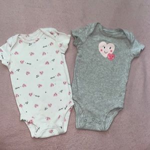 3mo onesies white w pink hearts & black writing, grey & white stripes pink heart